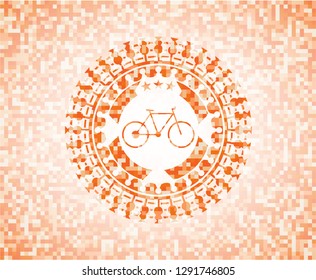 bike icon inside abstract orange mosaic emblem with background