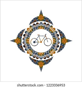 bike icon inside arabesque emblem background. arabic decoration.