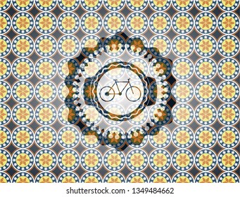 bike icon inside arabic badge. Arabesque decoration.