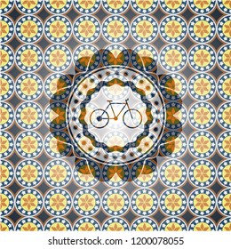 bike icon inside arabic style badge. Arabesque decoration.