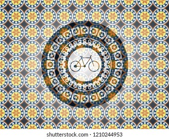bike icon inside arabic style emblem. Arabesque decoration.