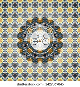 bike icon inside arabic style emblem. Arabesque decoration.