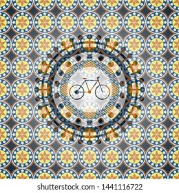 bike icon inside arabic style emblem. Arabesque decoration.