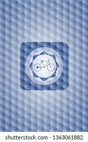 bike icon inside blue emblem with geometric pattern background.