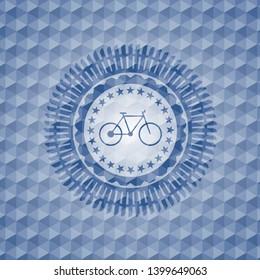 bike icon inside blue emblem or badge with geometric pattern background.