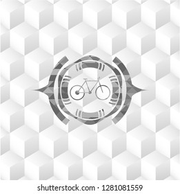 bike icon inside grey emblem. Retro with geometric cube white background