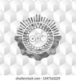 bike icon inside grey emblem. Vintage with geometric cube white background