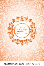 bike icon inside orange tile background illustration. Square geometric mosaic seamless pattern with emblem inside.