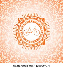 bike icon inside orange tile background illustration. Square geometric mosaic seamless pattern with emblem inside.