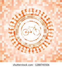 bike icon inside orange tile background illustration. Square geometric mosaic seamless pattern with emblem inside.