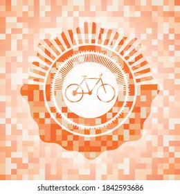 bike icon inside orange tile background illustration. Square geometric mosaic seamless pattern with emblem inside. 