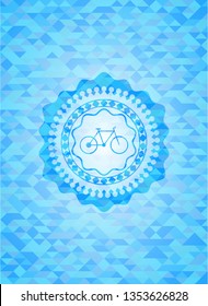 bike icon inside realistic sky blue emblem. Mosaic background