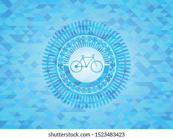 bike icon inside realistic sky blue emblem. Mosaic background