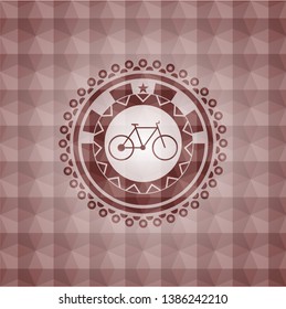 bike icon inside red badge with geometric pattern background. Seamless.