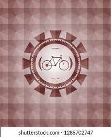 bike icon inside red emblem or badge with geometric pattern background. Seamless.