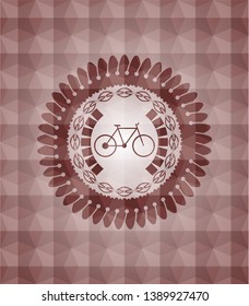 bike icon inside red emblem or badge with geometric pattern background. Seamless.