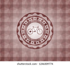 bike icon inside red seamless emblem with geometric pattern background.