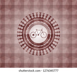 bike icon inside red seamless emblem with geometric pattern background.