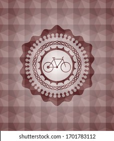 bike icon inside red seamless emblem with geometric pattern background.