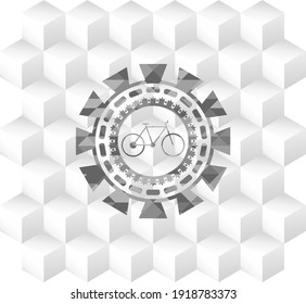 bike icon inside retro style grey emblem with geometric cube white background. 