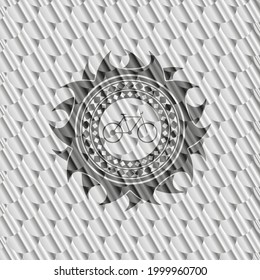bike icon inside shiny silver badge. Scales pattern. Vector Illustration Detailed. 