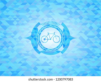 bike icon inside sky blue emblem with mosaic background