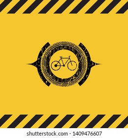 bike icon inside warning sign, black grunge emblem. Vector Illustration. Detailed.