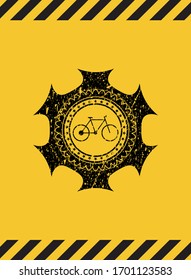 bike icon inside warning sign, black grunge emblem. Vector Illustration. Detailed.
