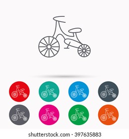 Bike icon. Kids run-bike sign. First bike transport symbol. Linear icons in circles on white background.