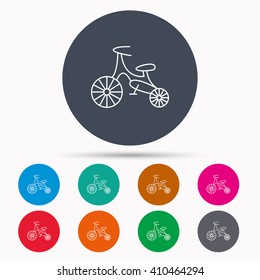 Bike icon. Kids run-bike sign. First bike transport symbol. Icons in colour circle buttons. Vector