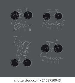 Bike icon labels with lettering drawing with color elements on grey background