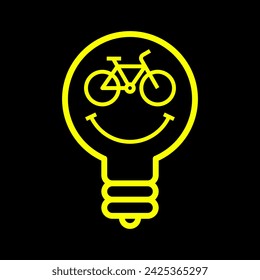 Bike icon in light bulb. E-bike smile idea logo on dark background