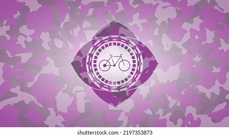 Bike Icon On Pink Camouflage Pattern. 