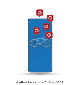 Bike icon on smartphone with speech bubbles with hearts