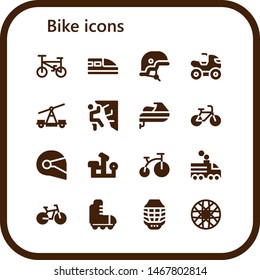 bike icon set. 16 filled bike icons.  Collection Of - Bicycle, Train, Helmet, Quad, Climbing, Jet ski, Bench press, Bike, Roller skate, Spoke wheel