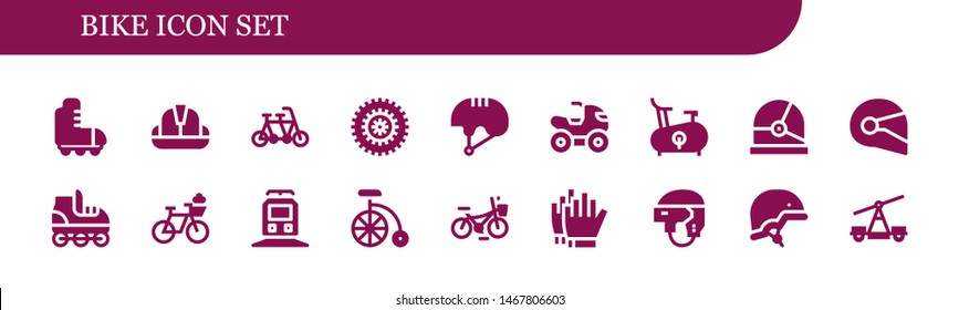 bike icon set. 18 filled bike icons.  Simple modern icons about  - Roller skate, Helmet, Tandem, Bicycle, Quad, Bike, Train, Football gloves