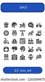  bike icon set. 25 filled bike icons. Simple modern icons about  - Train, Helmet, Quad, Bike, Bicycle, Subway, Handlebar, Motorbike, Traffic, Jet ski, Roller skate, Boxing helmet