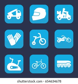 Bike icon. set of 9 filled bike icons such as child bicycle, gloves, helmet, bicycle, motorcycle, truck rocket