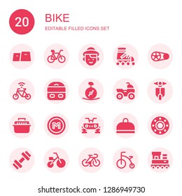 bike icon set. Collection of 20 filled bike icons included Gym, Bike, Dutch, Roller skate, Crankset, Bicycle, Train, Unicycle, Quad, Vespa, Transport, Metro, Tricycle