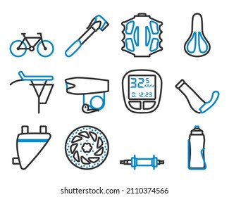 Juego de iconos de la bicicleta. Contorno de negrita editable con diseño de relleno de color. Ilustración vectorial.