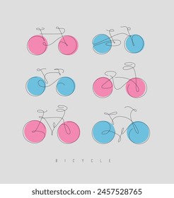 Bike icons drawing in hand drawn line art style drawing with color elements on beige background