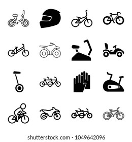 Bike icons. set of 16 editable filled and outline bike icons such as family bicycle, bicycle, exercise bike, helmet, child bicycle, gloves, motorcycle