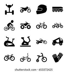 Bike icons set. set of 16 bike filled icons such as child bicycle, exercise bike, gloves, bicycle, helmet, motorbike, motorcycle, truck rocket, weapon truck, wheel
