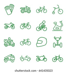 Bike icons set. set of 16 bike outline icons such as child bicycle, bike, gloves, bicycle, truck rocket, helmet, wheel