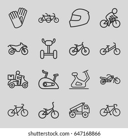 Bike icons set. set of 16 bike outline icons such as child bicycle, exercise bike, gloves, bicycle, motorcycle, truck rocket, helmet, wheel