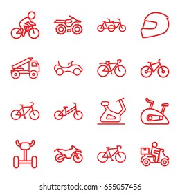 Bike icons set. set of 16 bike outline icons such as bike, child bicycle, bicycle, truck rocket, helmet, wheel, family bicycle