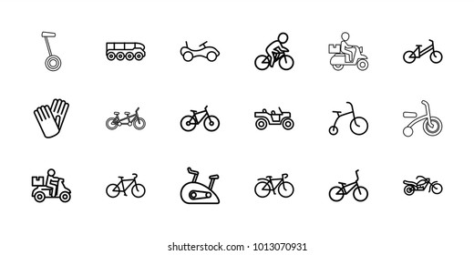 Bike icons. set of 18 editable outline bike icons: child bicycle, gloves, bicycle, motorcycle, weapon truck, wheel