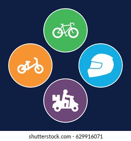 Bike icons set. set of 4 bike filled icons such as child bicycle, helmet, delivery bike