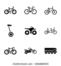 Bike icons. set of 9 editable filled bike icons such as bicycle, motorcycle, weapon truck, family bicycle