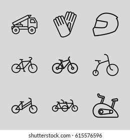 Bike icons set. set of 9 bike outline icons such as child bicycle, gloves, bicycle, truck rocket, exercise bike, helmet